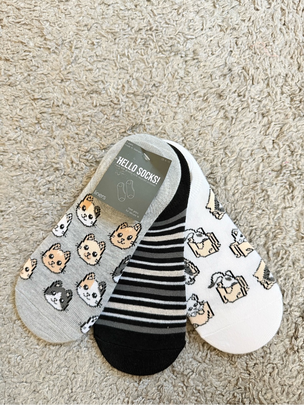 New Cat Lover No Show Socks Gray Black White one size 4-10
